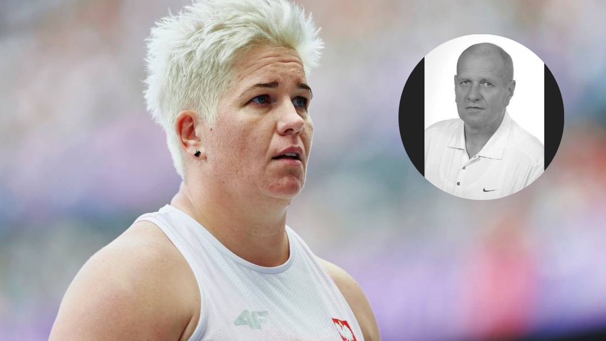 Portret Andrzeja Włodarczyka, zmarłego działacza sportowego, obok zdjęcie Anity Włodarczyk.