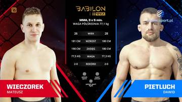 Mateusz Wieczorek po lewej i Dawid Pietluch po prawej, prezentujący się przed walką MMA. Na środku ekranu wyświetlone są ich statystyki.