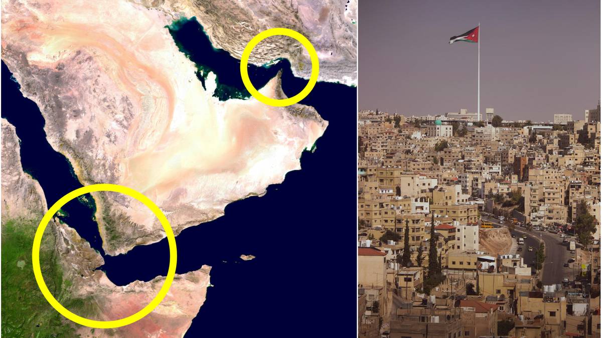 Mapa Bliskiego Wschodu z zaznaczonymi strategicznymi cieśninami oraz panorama miasta z masajtem i flagą.