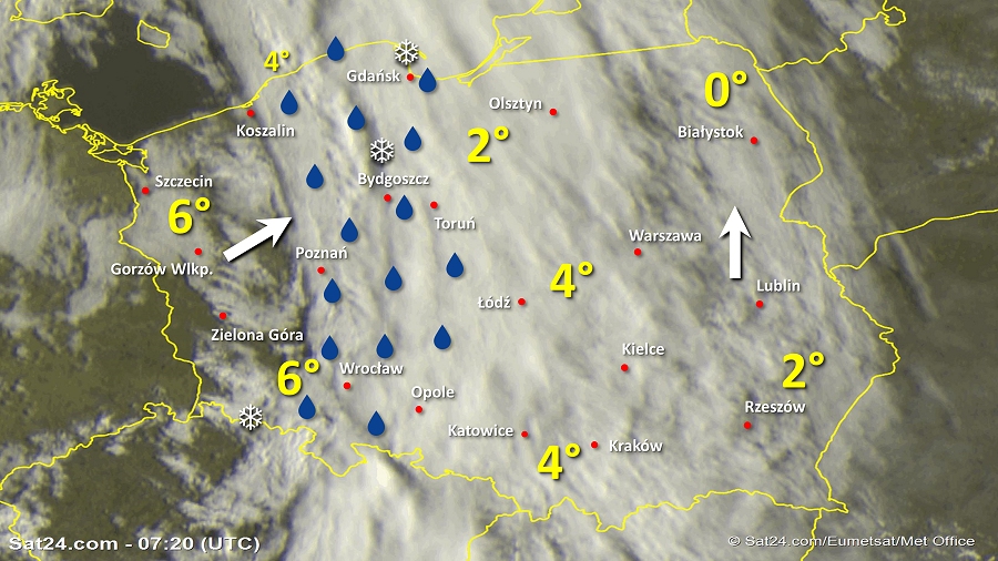 Zdjęcie satelitarne Polski w dniu 13 marca 2019 o godzinie 8:30. Dane: Sat24.com / Eumetsat.