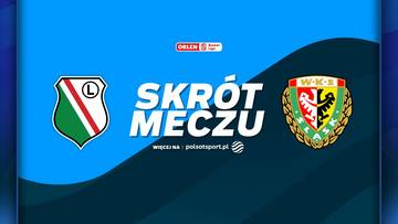 Herb Legii Warszawa po lewej, herb Śląska Wrocław po prawej, a pośrodku napis "SKRÓT MECZU".