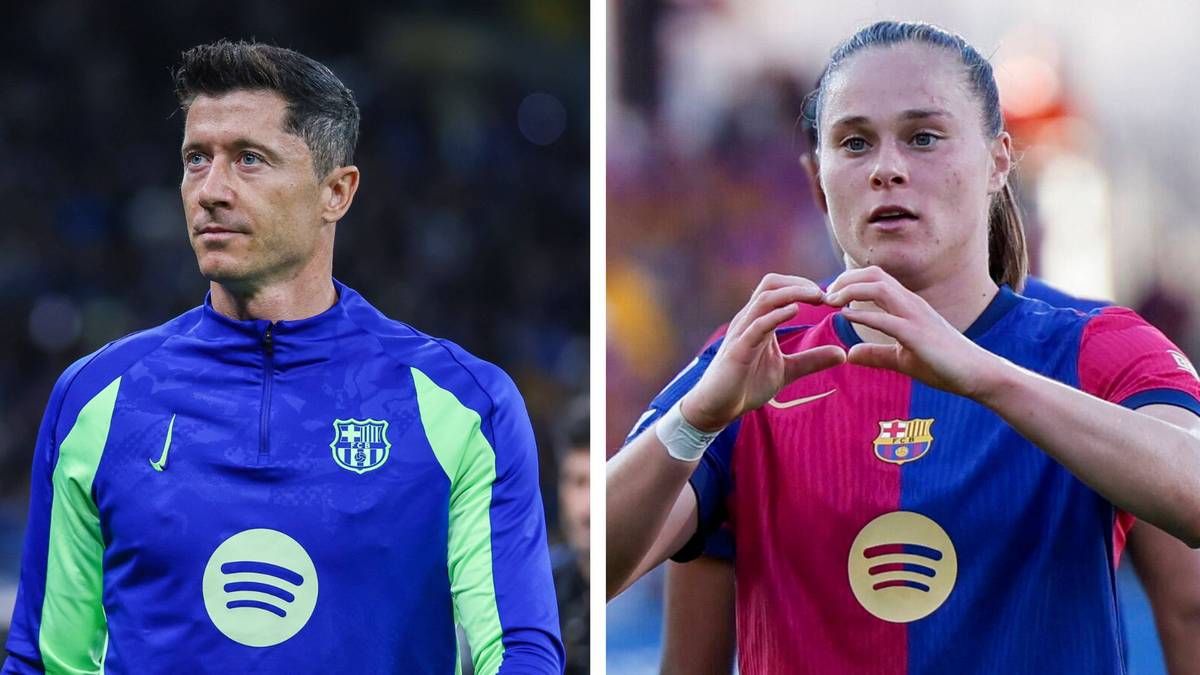 Robert Lewandowski w stroju FC Barcelony i nieznana piłkarka w stroju FC Barcelony, sportowcy wyr&oacute;żnieni.