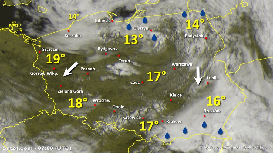 Zdjęcie satelitarne Polski w dniu 15 czerwca 2020 o godzinie 9:00. Dane: Sat24.com / Eumetsat.