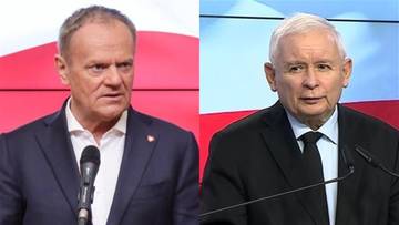 Dwa portrety polityk&oacute;w: po lewej Donald Tusk, po prawej Jarosław Kaczyński.