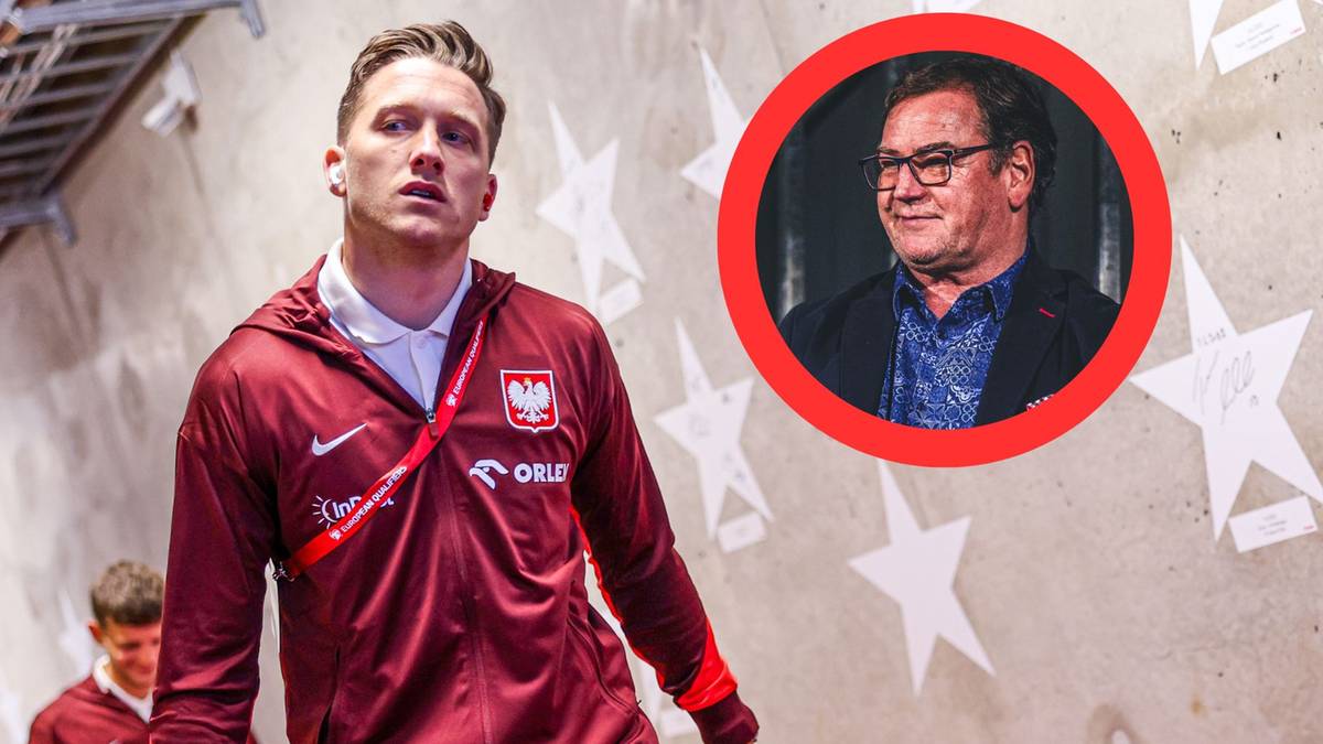 Młody piłkarz w dresie z orzełkiem reprezentacji Polski, obok wizerunek Jana Urbana w okularach.