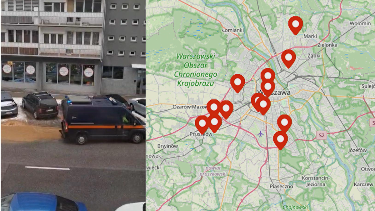 Mapa Warszawy z zaznaczonymi punktami awarii i widokiem na budynek mieszkalny.