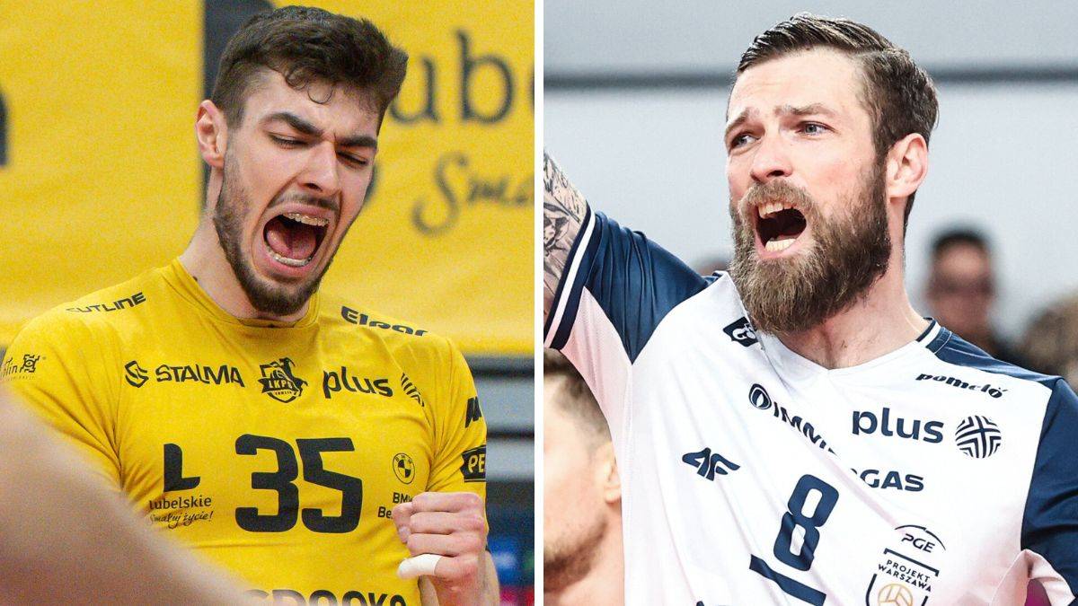 Dw&oacute;ch siatkarzy w akcji, jeden w ż&oacute;łtej koszulce z numerem 35, drugi w granatowo-białej koszulce z numerem 8, obaj krzyczący z emocji podczas meczu.