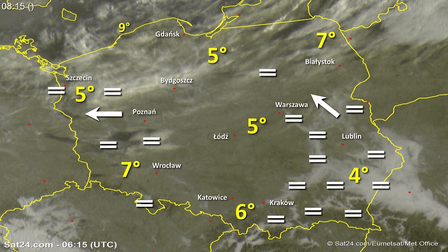 Zdjęcie satelitarne Polski w dniu 10 października 2018 o godzinie 8:20. Dane: Sat24.com / Eumetsat.