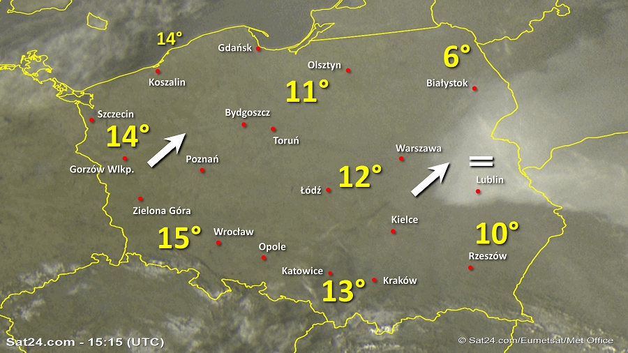 Zdjęcie satelitarne Polski w dniu 16 lutego 2019 o godzinie 16:15. Dane: Sat24.com / Eumetsat.