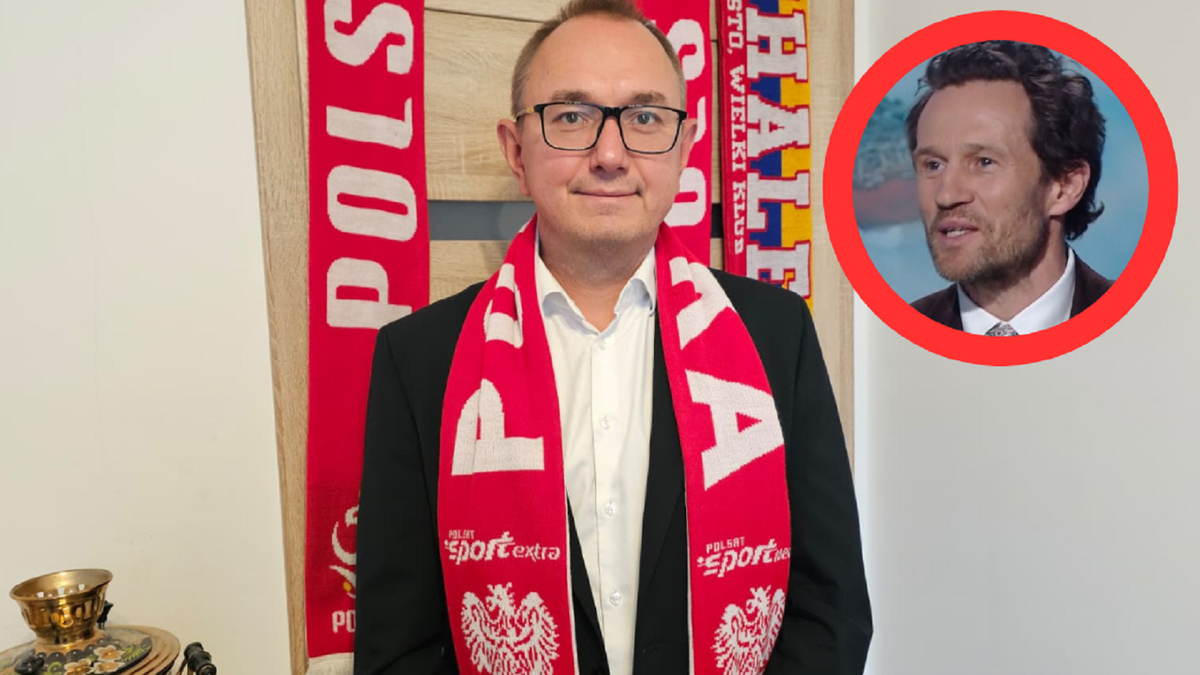 Mężczyzna w okularach, białej koszuli, czarnym garniturze i czerwono-białym szaliku z orłem białym i napisem "POLSKA" stoi na tle dwóch pionowych szalików z napisami "POLSKA" i "STO. WIELKI RUCH". W prawym górnym rogu w czerwonym okręgu widnieje mniejszy obrazek z drugim mężczyzną mówiącym.