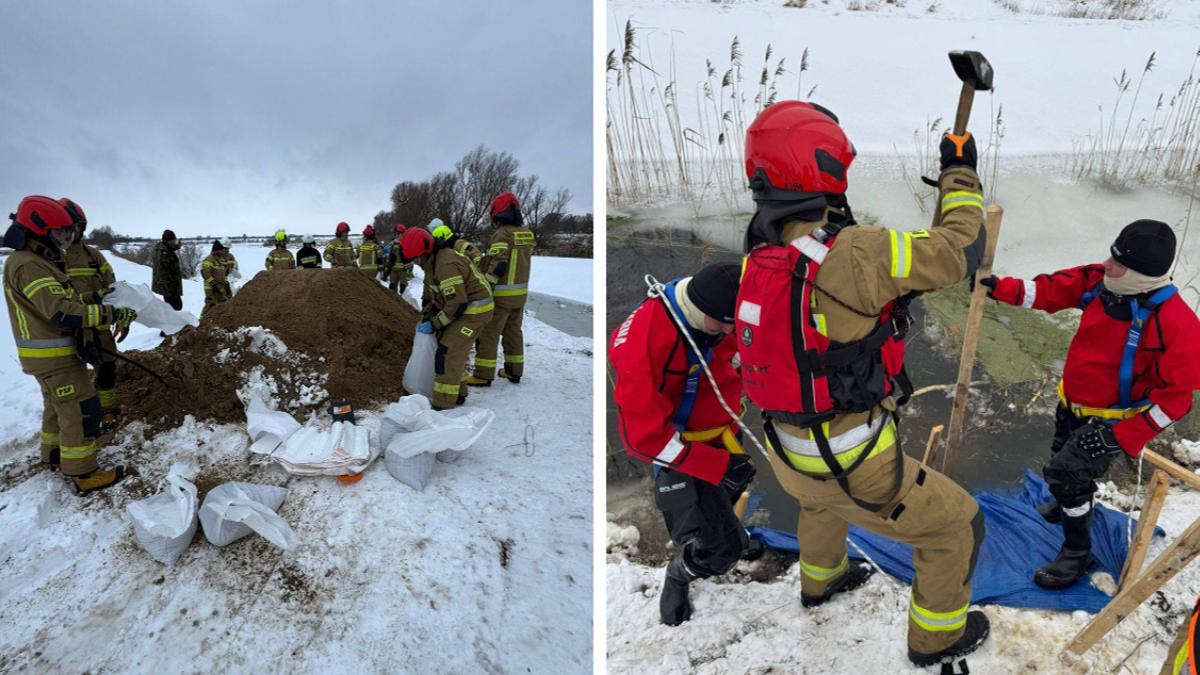 Uszkodzenie wału na rzece Elbląg. Woda wylewa się na pola