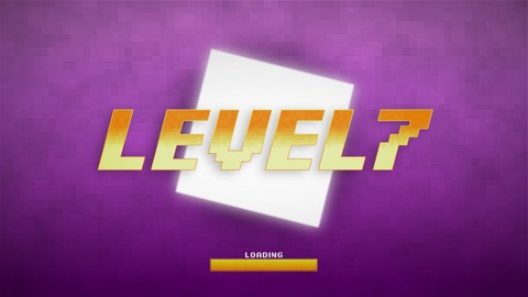 Napis LEVEL 7 w stylu retro na fioletowym tle z paskiem ładowania LOADING.