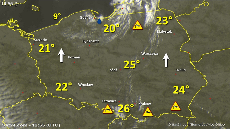 Zdjęcie satelitarne w dniu 9 kwietnia 2018 o godzinie 14:55. Dane: Sat24.com / Eumetsat.