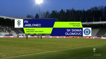 Wynik meczu piłki nożnej: FK Jablonec - SK Sigma Ołomuniec. Na ekranie widoczne herby obu drużyn, nazwy klub&oacute;w oraz informacje o lidze i kolejce.