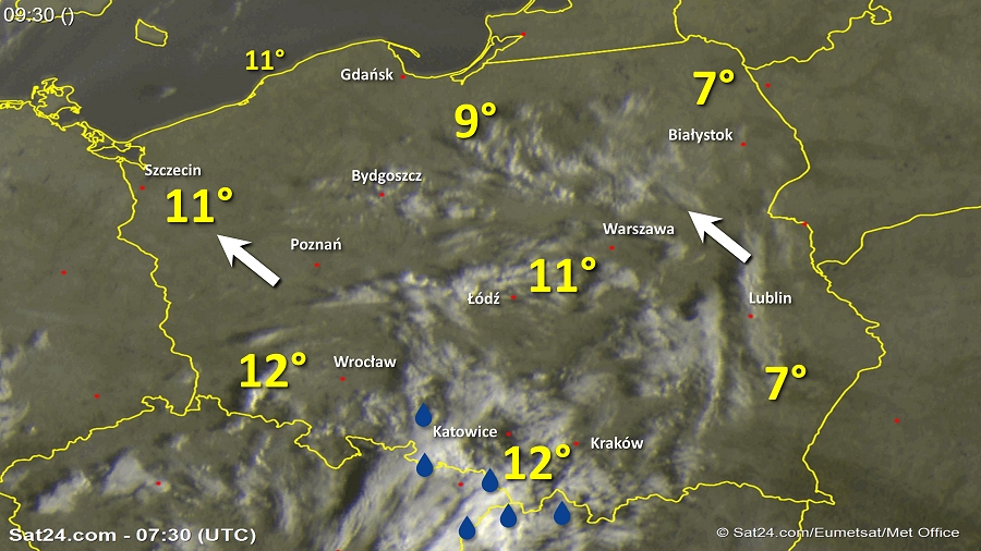 Zdjęcie satelitarne Polski w dniu 17 października 2018 o godzinie 9:30. Dane: Sat24.com / Eumetsat.