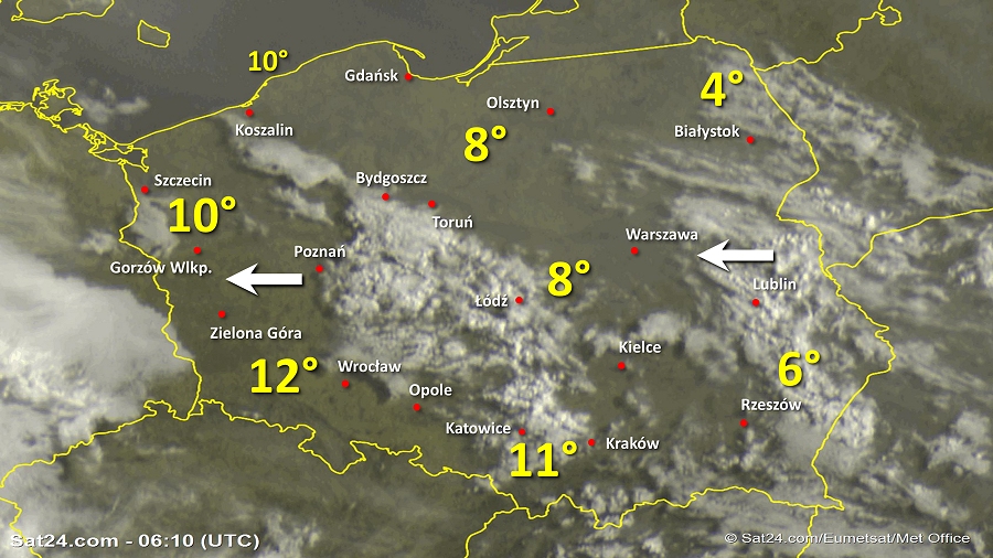Zdjęcie satelitarne Polski w dniu 5 kwietnia 2019 o godzinie 8:10. Dane: Sat24.com / Eumetsat.
