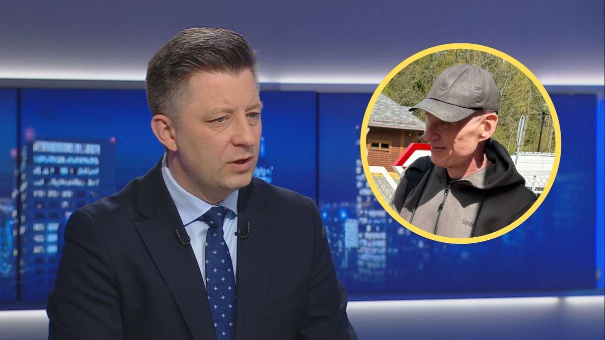 Michał Dworczyk w studiu telewizyjnym i zdjęcie Andrzeja Poczobuta w okręgu.
