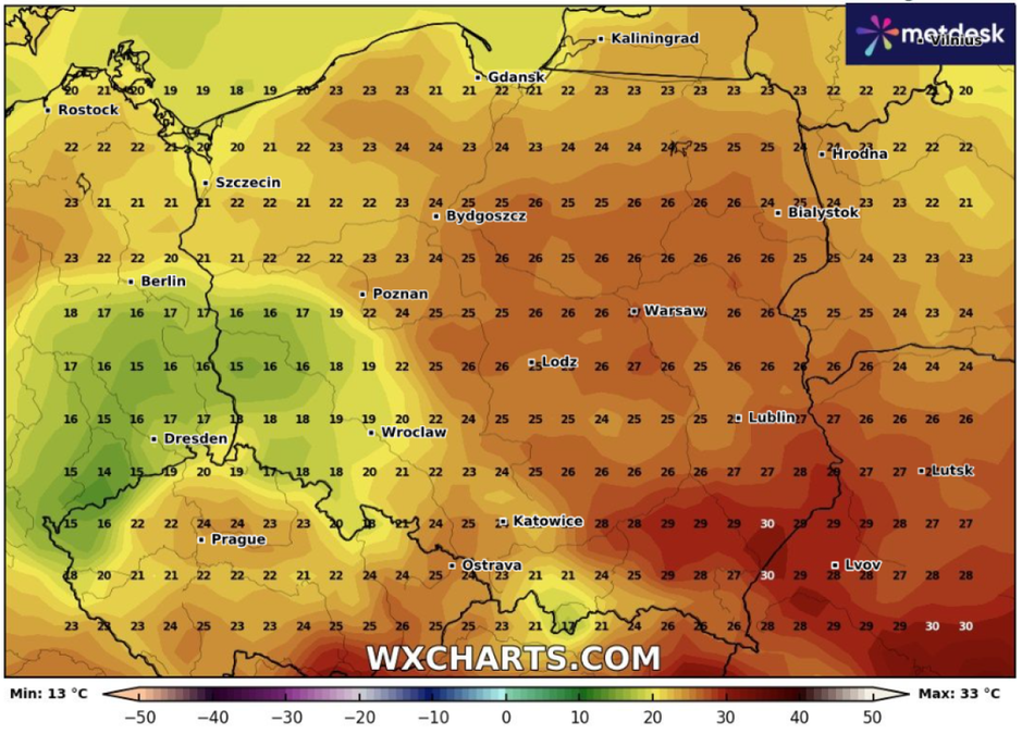 Pogoda 2 sierpnia popołudnie i wieczór. Fot. WXCHARTS