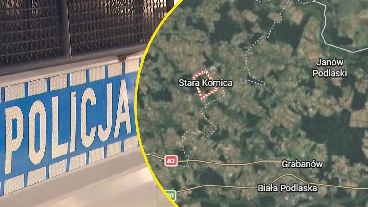 Fragment radiowozu policyjnego z napisem POLICJA obok fragmentu mapy Google z zaznaczoną miejscowością Stara Kornica.