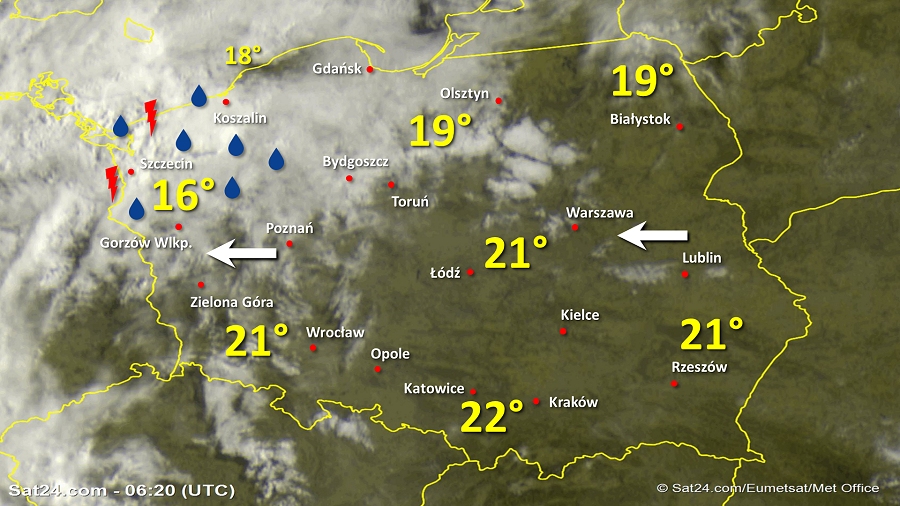 Zdjęcie satelitarne Polski w dniu 10 czerwca 2019 o godzinie 8:20. Dane: Sat24.com / Eumetsat.