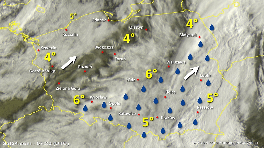 Zdjęcie satelitarne Polski w dniu 18 marca 2019 o godzinie 8:20. Dane: Sat24.com / Eumetsat.