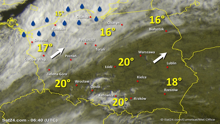 Zdjęcie satelitarne Polski w dniu 27 maja 2019 o godzinie 8:40. Dane: Sat24.com / Eumetsat.