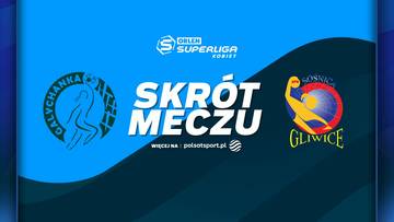 Plansza informacyjna z logotypami drużyn Galiczanka Lw&oacute;w i Sośnica Gliwice, napisem "SKR&Oacute;T MECZU" oraz logiem "ORLEN SUPERLIGA KOBIET" i "polsatsport.pl".
