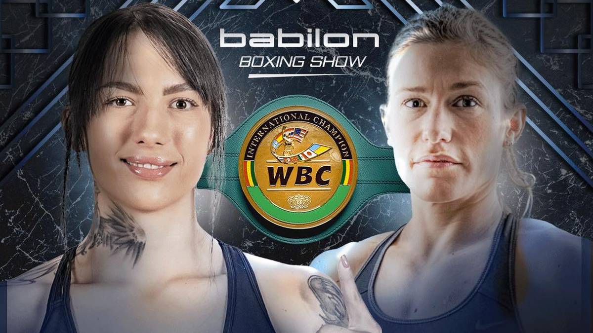 Dwie zawodniczki boksu, Adrianna Jędrzejczyk i Helene Connart, na plakacie gali Babilon Boxing Show.