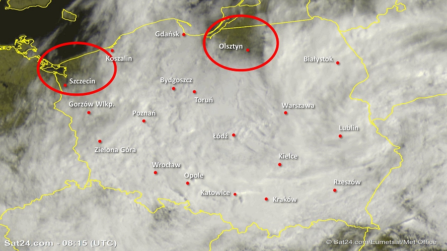Zdjęcie satelitarne Polski w dniu 15 maja 2019 o godzinie 10:15. Dane: Sat24.com / Eumetsat.