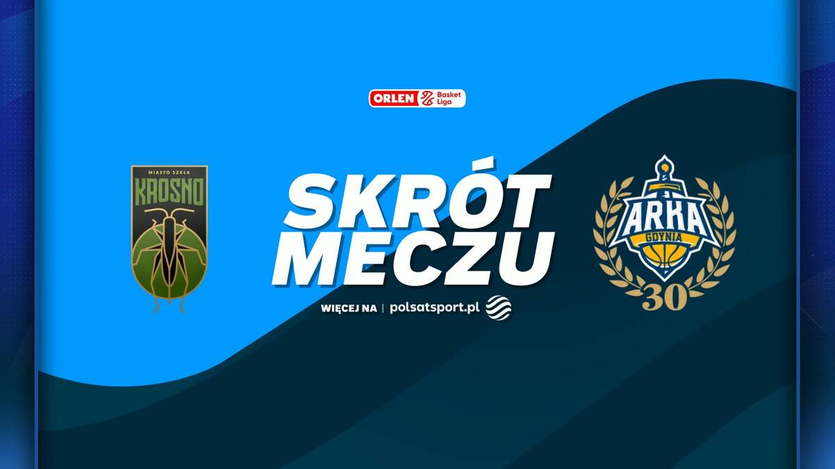 Grafika z napisem SKRÓT MECZU, logotypem Miasta Szkła Krosno po lewej i logotypem AMW Arka Gdynia po prawej.