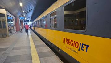 Boczna ściana ż&oacute;łtego wagonu kolejowego z logo RegioJet.