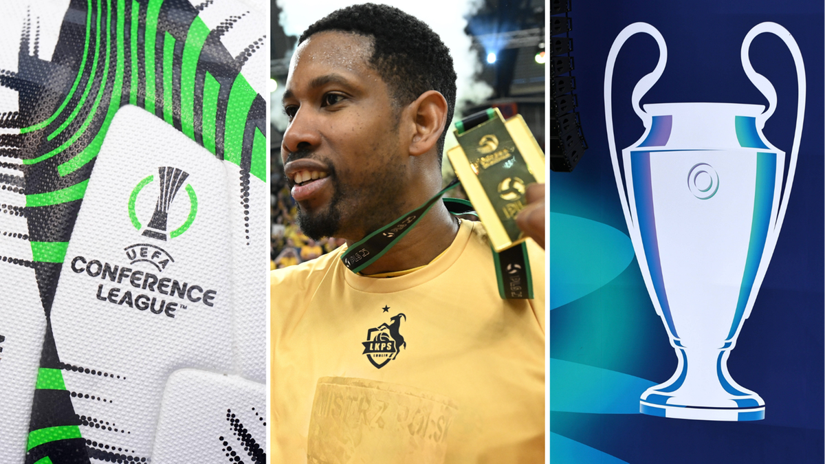 Grafika przedstawia kolaż trzech obrazów: z lewej strony widok na piłki z logo UEFA Europa Conference League, pośrodku zdjęcie mężczyzny z medalem i złotym łańcuchem, a z prawej strony puchar Ligi Mistrzów UEFA.