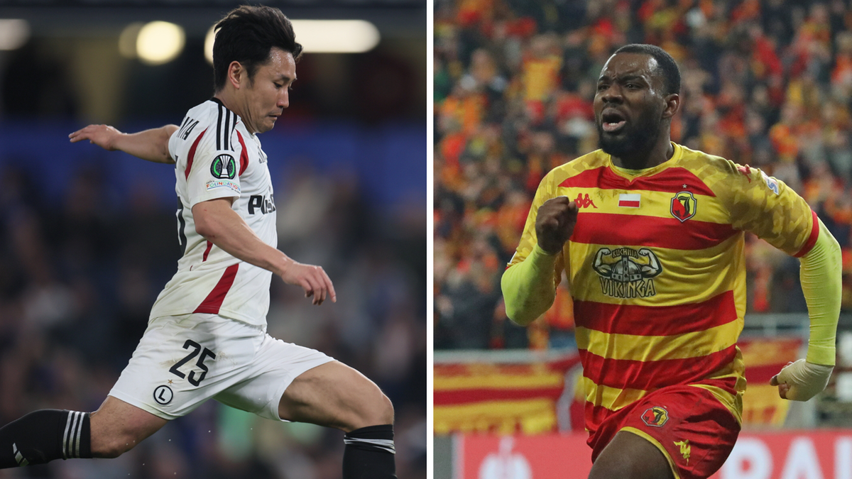 Dwóch piłkarzy w akcji: jeden w białej koszulce Legii Warszawa, drugi w żółto-czerwonej koszulce Jagiellonii Białystok.