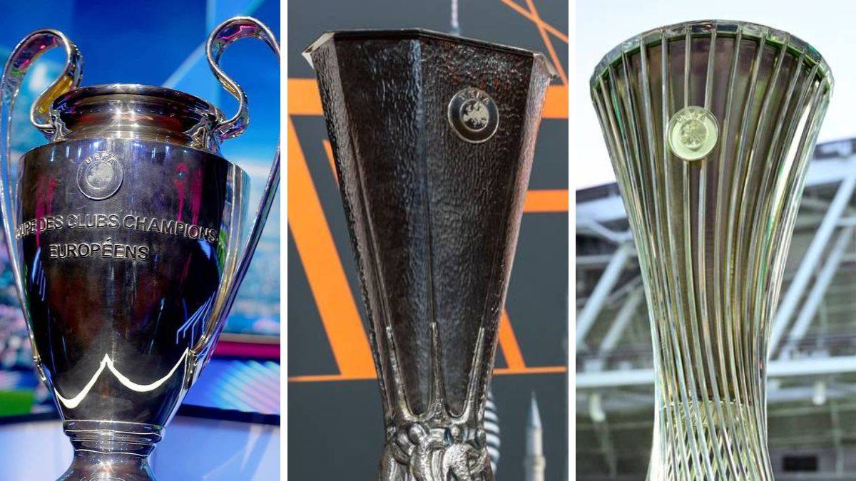Trzy puchary piłkarskie: Puchar Ligi Mistrz&oacute;w UEFA, Puchar Ligi Europy UEFA i Puchar Ligi Konferencji UEFA.