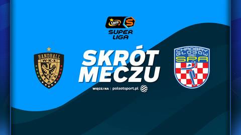 Grafika zapowiadająca skr&oacute;t meczu piłki ręcznej WKS Śląsk Wrocław - KGHM Chrobry Głog&oacute;w. Widoczne loga drużyn i napis "SKR&Oacute;T MECZU".