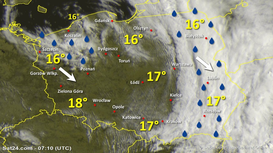 Zdjęcie satelitarne Polski w dniu 23 czerwca 2020 o godzinie 9:15. Dane: Sat24.com / Eumetsat.