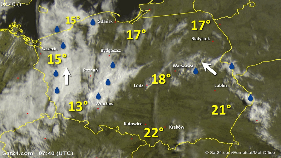 Zdjęcie satelitarne Polski w dniu 1 maja 2018 o godzinie 9:40. Dane: Sat24.com / Eumetsat.