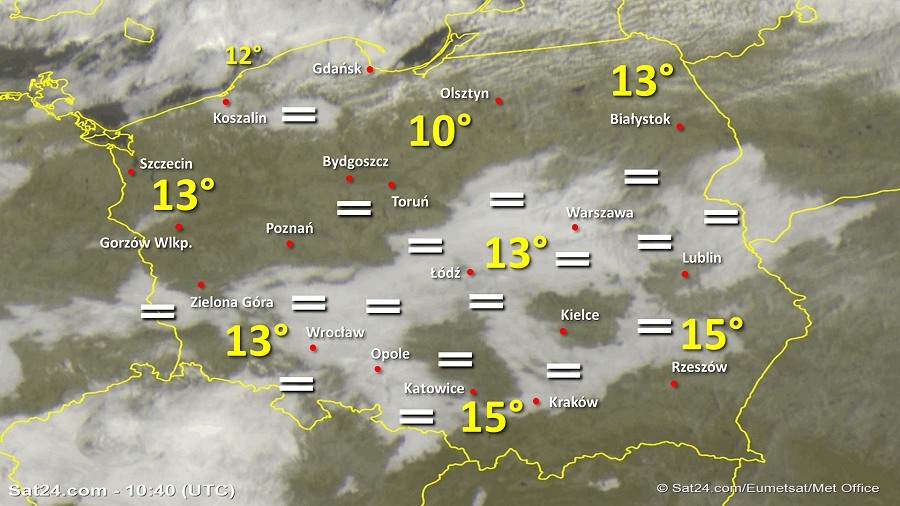 Zdjęcie satelitarne Polski w dniu 23 października 2019 o godzinie 12:40. Dane: Sat24.com / Eumetsat.