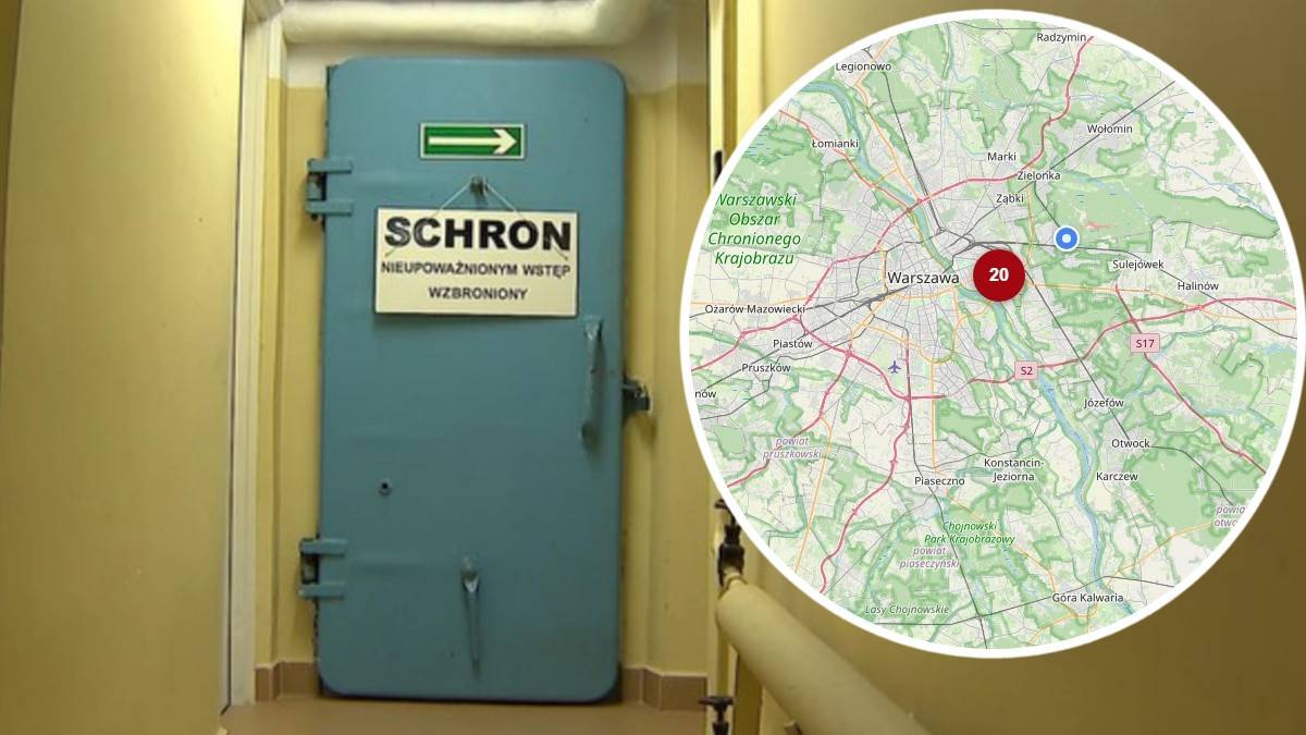 Niebieskie drzwi z napisem "SCHRON" i zieloną strzałką wskazującą kierunek. Obok znajduje się mapa Polski z zaznaczonymi punktami.