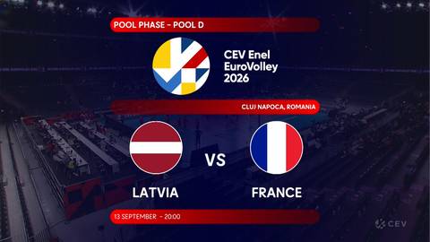 Grafika zapowiadająca mecz siatk&oacute;wki pomiędzy reprezentacjami Łotwy i Francji w ramach turnieju CEV EuroVolley 2026.