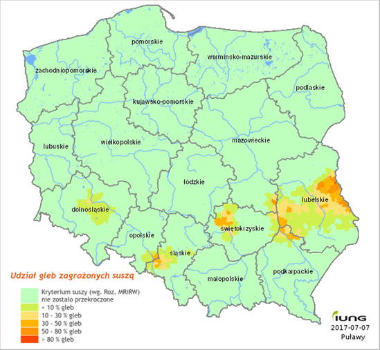 Potencjalny zasięg suszy w okresie 1 maja - 30 czerwca 2017. Dane: IUNG.