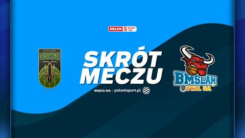 Grafika z napisem "SKR&Oacute;T MECZU" pomiędzy logotypami drużyn Miasto Szkła Krosno i BM Stal Ostr&oacute;w Wielkopolski.