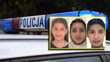 Trzy zdjęcia paszportowe młodych kobiet obok napisu POLICJA na niebieskim świetle.