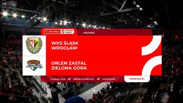 Plansza informacyjna z herbu WKS Śląsk Wrocław i ORLEN Zastal Zielona Góra, z nazwami drużyn na czerwonym tle.