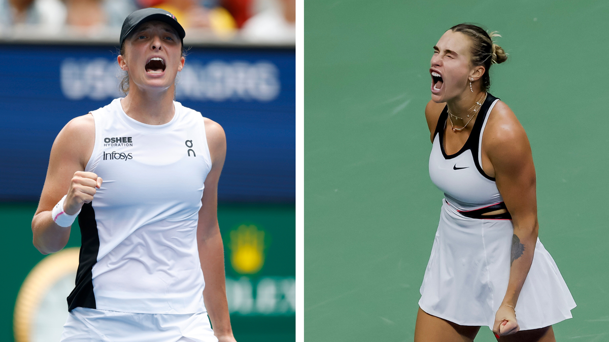 Iga Świątek i Aryna Sabalenka świętujące zwycięstwa na korcie tenisowym.