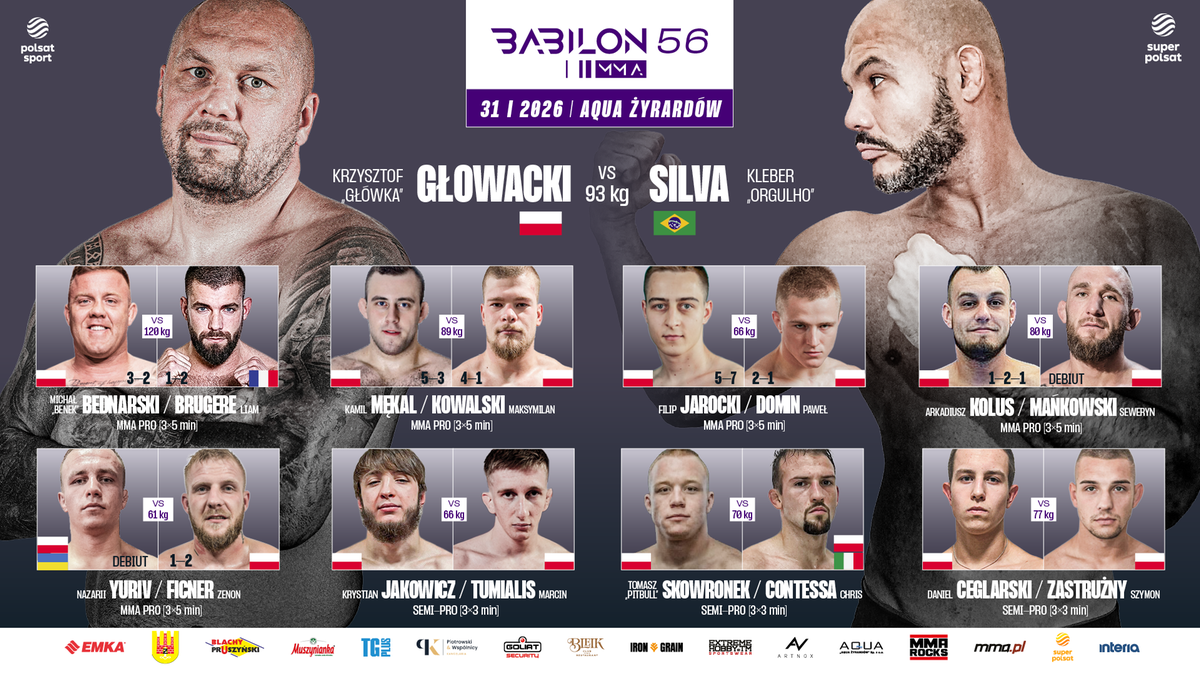 Plakat gali Babilon MMA 56 z zapowiedziami walk, w tym starciem wieczoru Krzysztof Głowacki vs Kleber Silva.