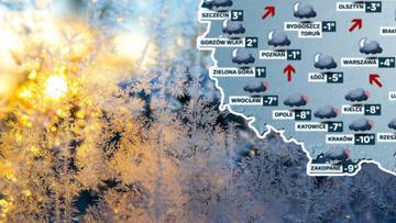 Fragment mapy Polski z zaznaczonymi temperaturami i ikonami opadów śniegu, na tle mroźnego krajobrazu z szronem i słońcem.