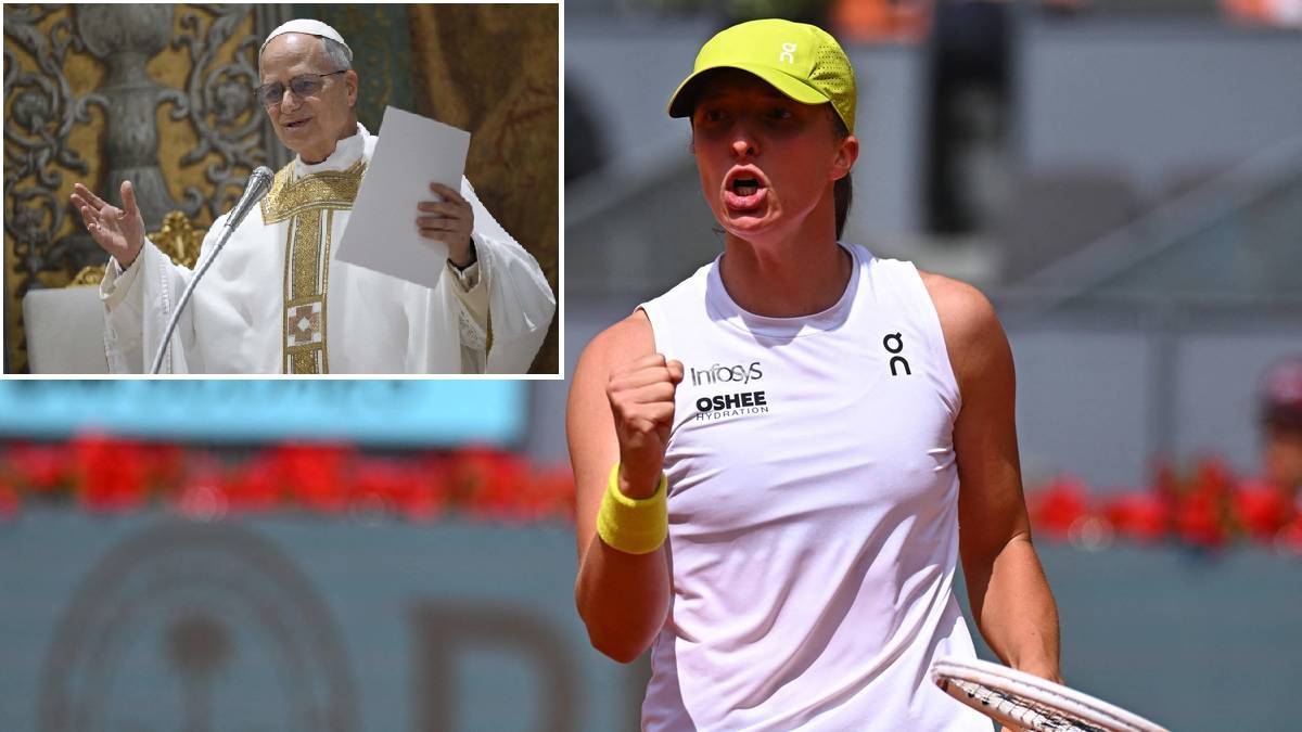 Iga Świątek z uniesioną pięścią, wyrażająca radość po wygranej, z wstawką przedstawiającą papieża Leona XIV w pontyfikalnej szacie.