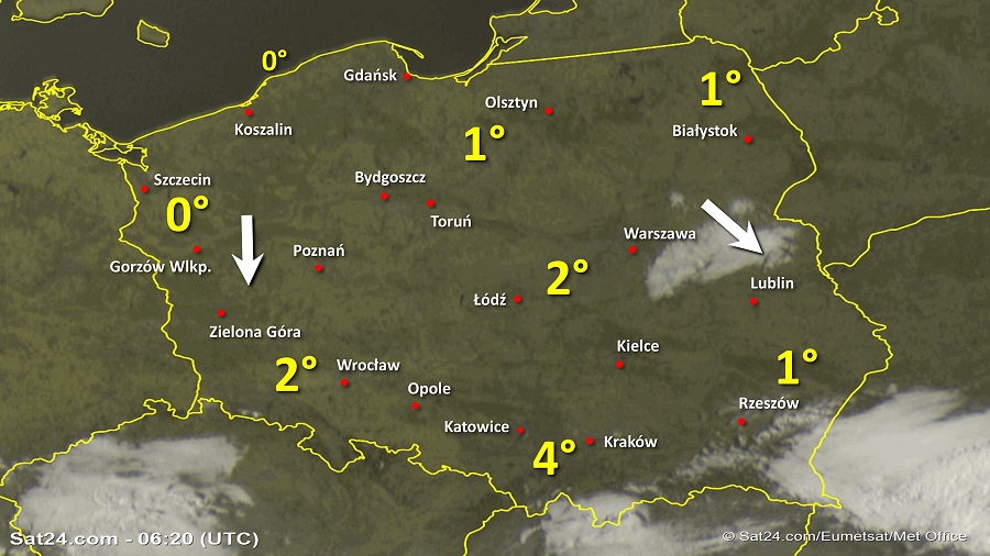 Zdjęcie satelitarne Polski w dniu 1 kwietnia 2019 o godzinie 8:20. Dane: Sat24.com / Eumetsat.