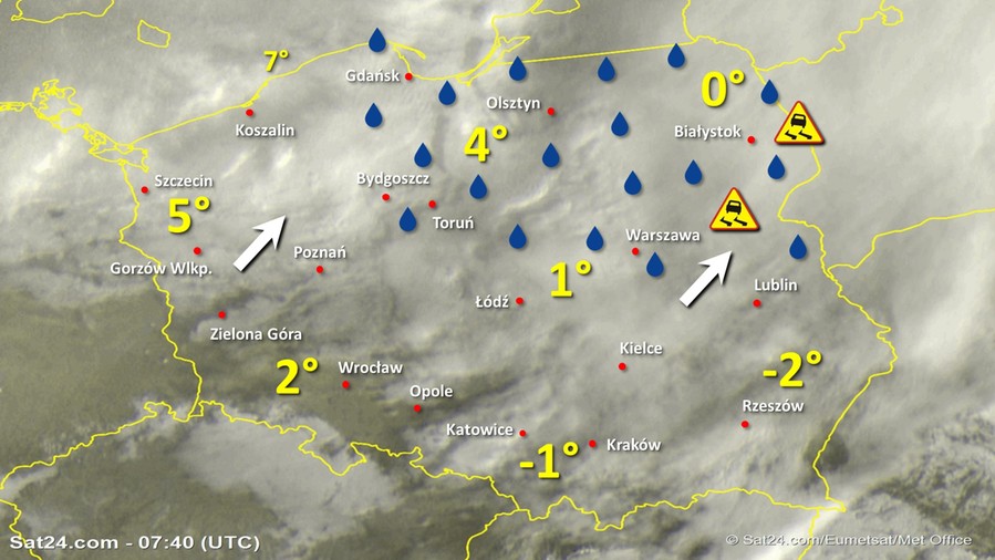 Zdjęcie satelitarne Polski w dniu 4 grudnia 2019 o godzinie 8:40. Dane: Sat24.com / Eumetsat.